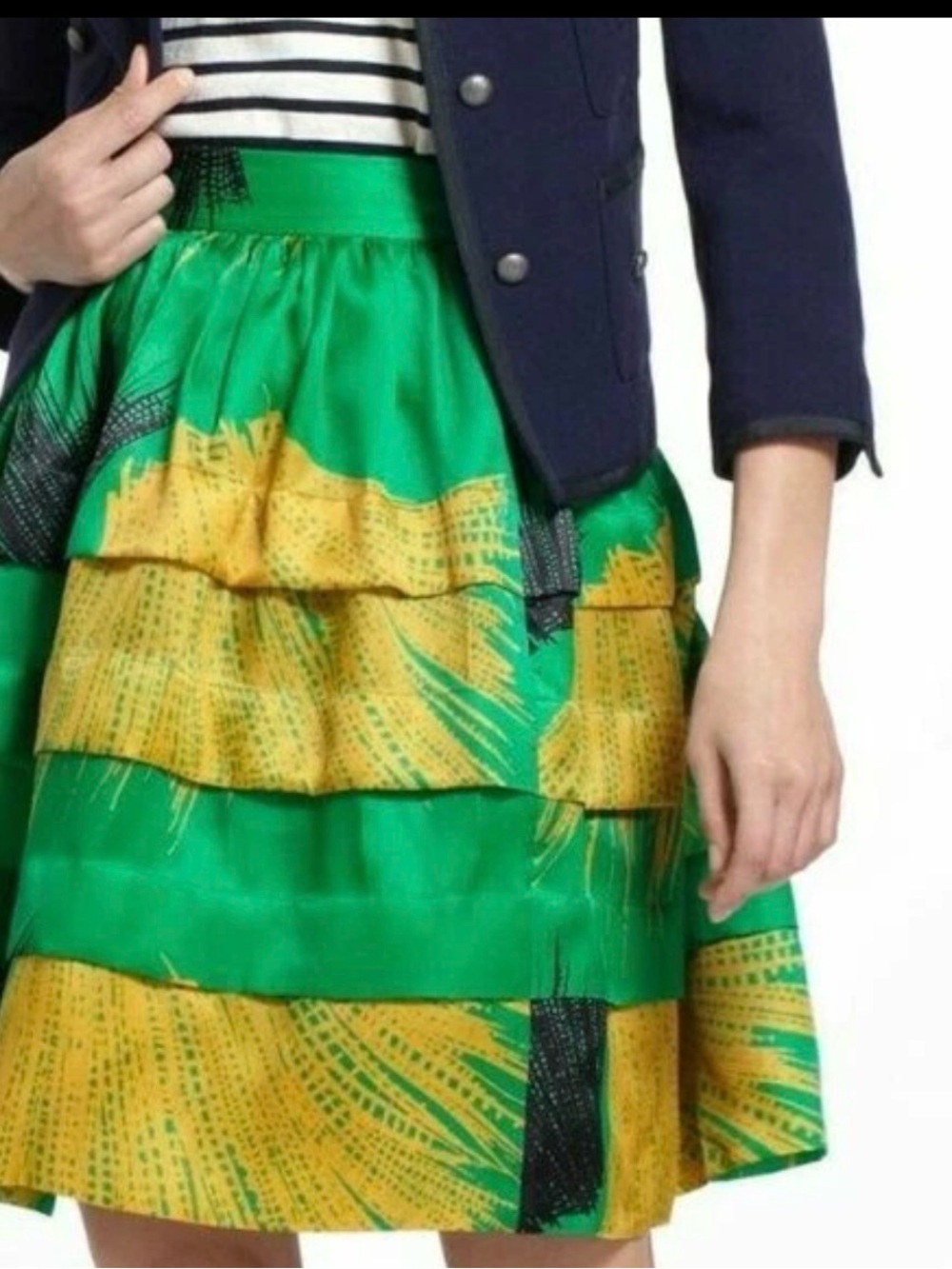 Anthropologie Green and Yellow Tiered Ruffle Skirt